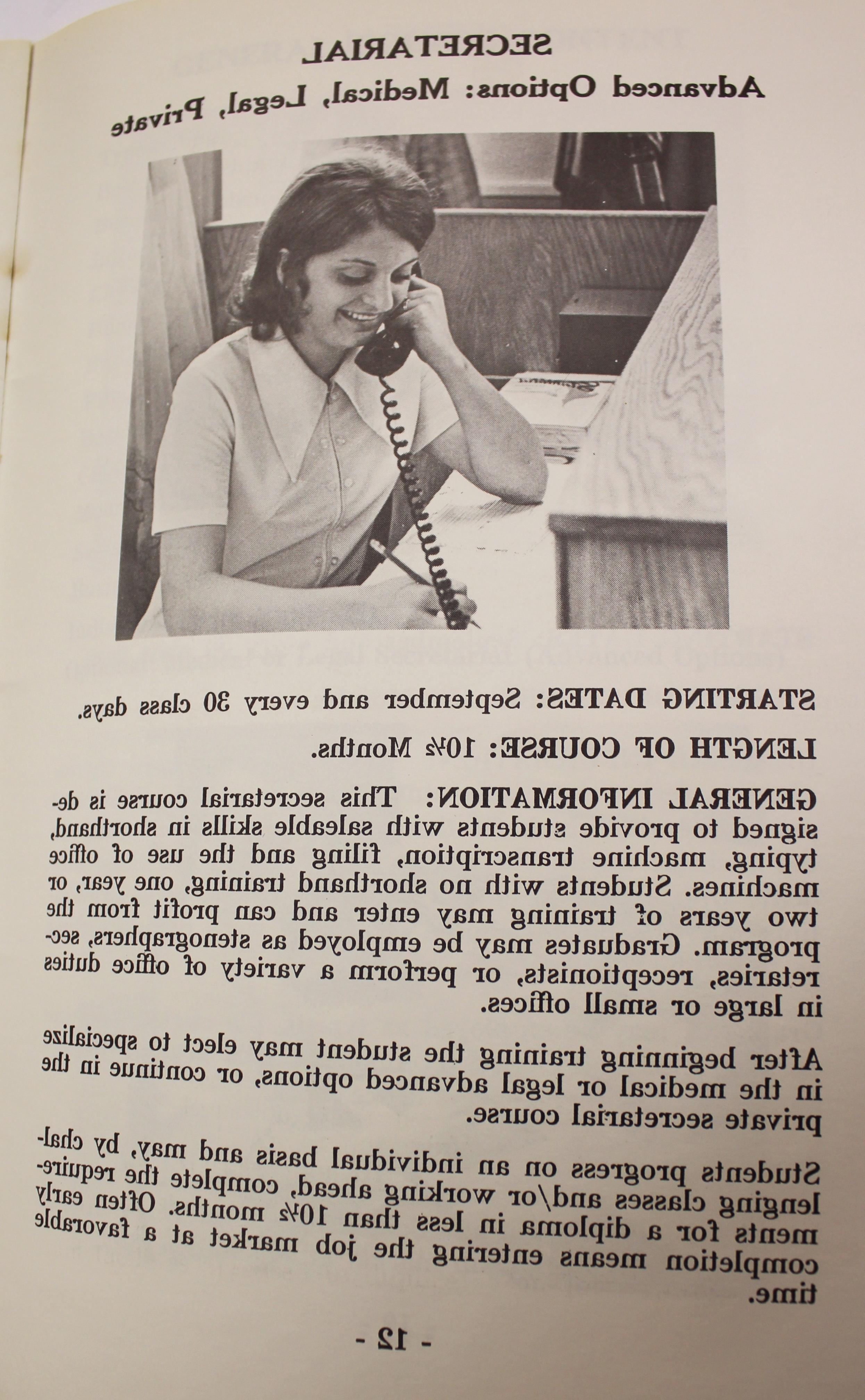 A page from an informational booklet about the Wadena college's secretarial program, year unknown